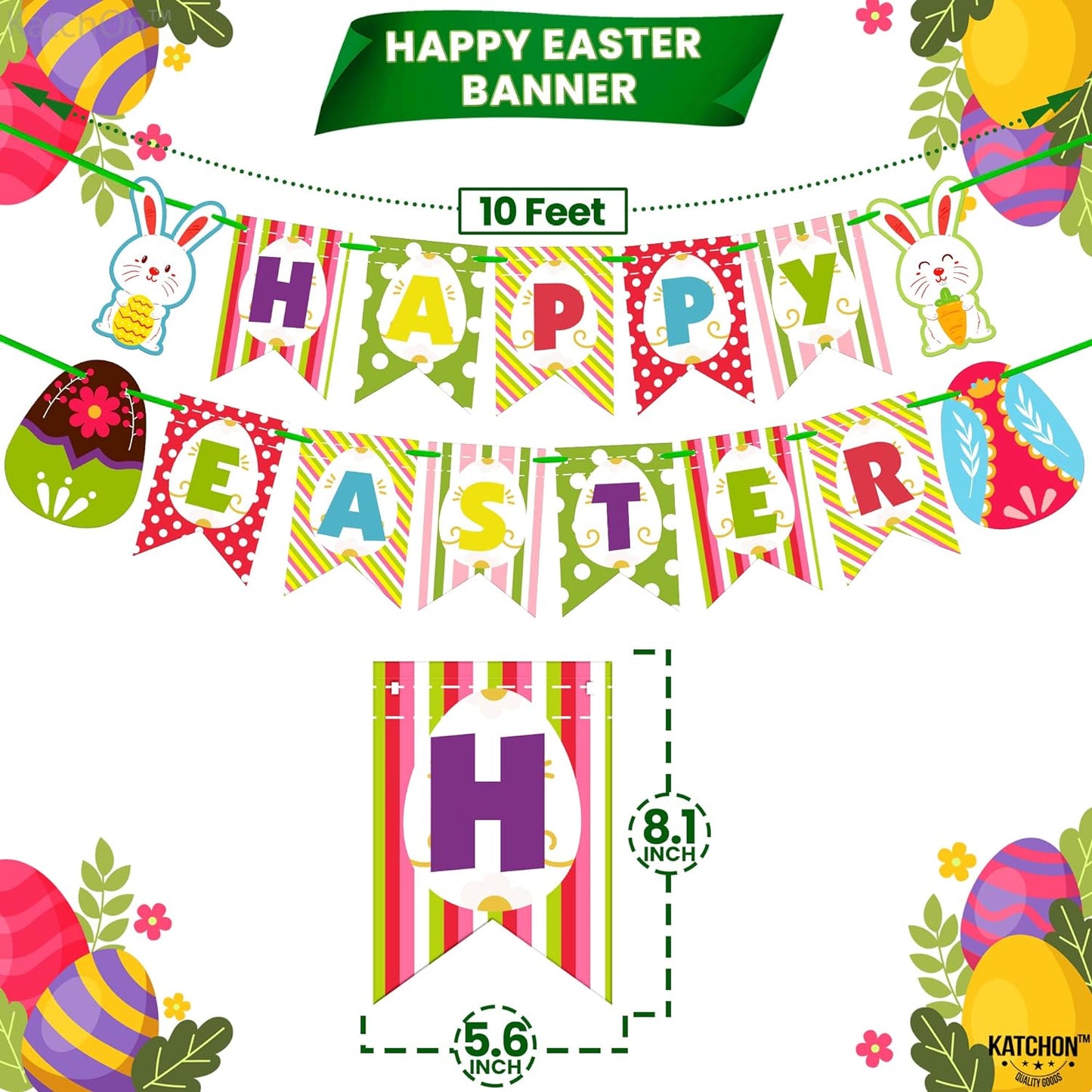 KatchOn, Pre-Strung Happy Easter Banner for Mantle - 10 Feet, No DIY | Happy Easter Sign for Easter Party Decorations | Easter Backdrop for Easter Decorations for the Home | Easter Garland Decorations