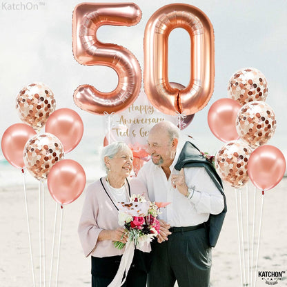KatchOn, Giant Rose Gold 50th Birthday Balloons - 40 Inch | 50 Balloon Number, Confetti Balloons | 50 Balloon, 50 and Fabulous Birthday Decorations | 50th Anniversary Decorations