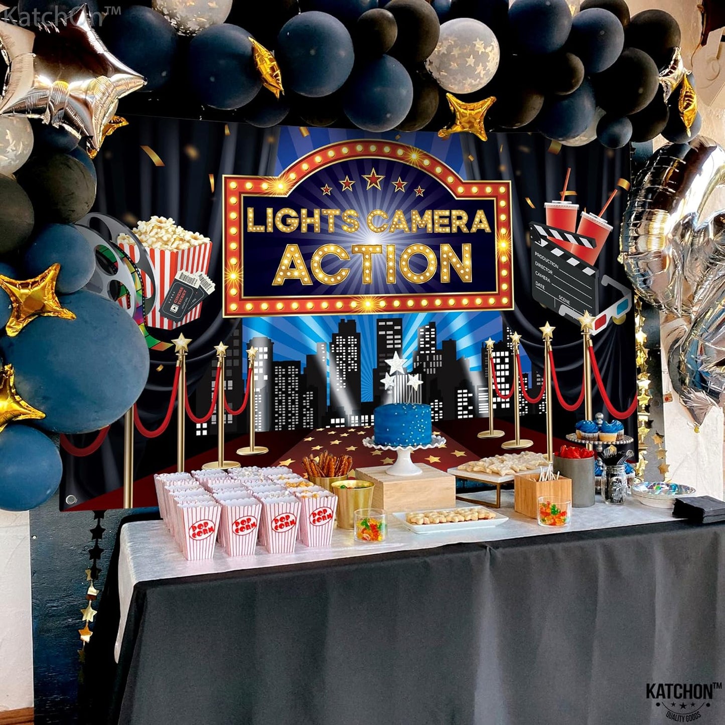 KatchOn, Lights Camera Action Backdrop - Large, 72x44 Inch | Movie Theme Party Decorations, Oscar Party Decorations | Lights Camera Action Decorations | Hollywood Backdrop for Movie Party Decorations