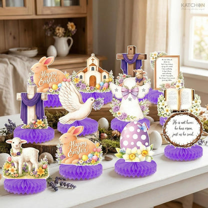 katchon huge easter centerpieces for tables pack of 12 he is risen decorations with bunny and jesus happy easter decorations for home honeycomb easter decor