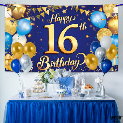 KatchOn, XtraLarge Blue and Gold Happy 16th Birthday Banner - 72x44 Inch | 16th Backdrop for Happy Birthday Decorations | Blue and Gold Party Decorations