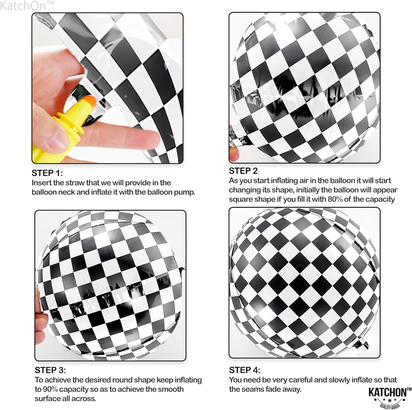 KatchOn, Black and White Checkered Balloons - 22 Inch, Pack of 12 | 4D Sphere Race Car Balloons | One Happy Dude Birthday Decorations | Checkered Flag Balloons for Race Car Birthday Party Supplies