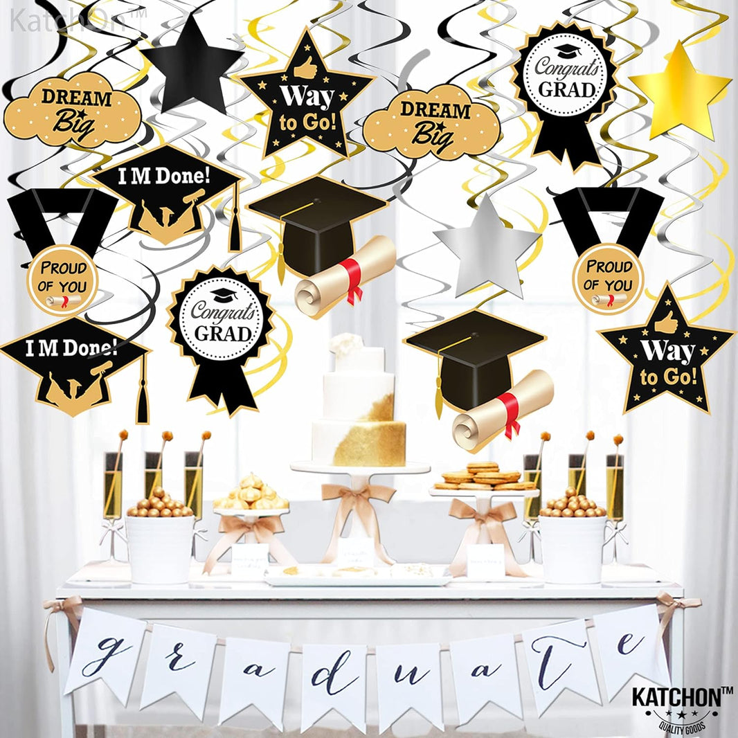 KatchOn, Graduation Hanging Swirls - Pack of 46 | Graduation Hanging Decorations 2024 Graduation Party Decorations | Black and Gold Graduation Decorations 2024 | Graduation Decorations Class of 2024