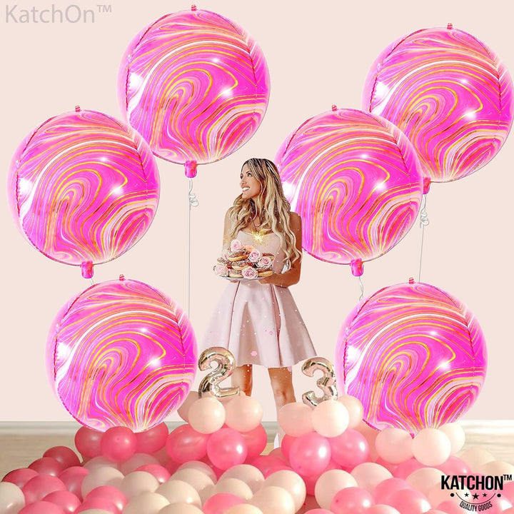 KatchOn, Big 22 Inch Pink Marble Balloons - Pack of 6 | Pink and Orange Balloons, Pink and Orange Party Decorations | Agate Pink Mylar Balloons, Hot Pink Party Decorations | Gender Reveal Decorations