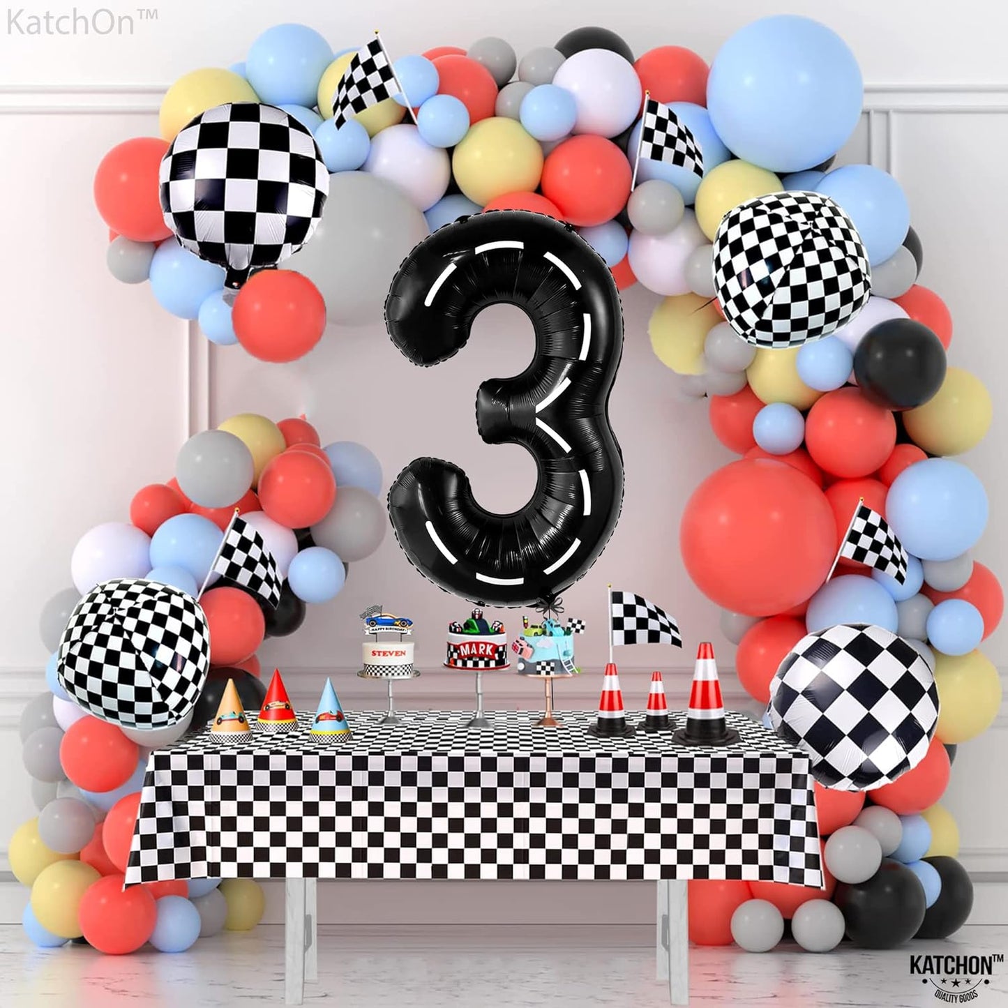 KatchOn, Giant Race Car Number 3 Balloon - 40 Inch | Number 3 Race Car Balloon | 3 Balloon Number for Race Car Birthday Party Supplies 3 Year Old | Construction Birthday Party Supplies 3 Year Old