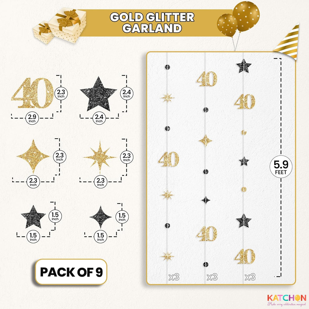 KatchOn, Gold 40th Birthday Decorations - 9 String 40th Bday Garland, 6 Feet | No DIY 40 Party Hanging Streamer | Over The Hill 40th Birthday Decorations for Men, Women | 40th Anniversary Decorations