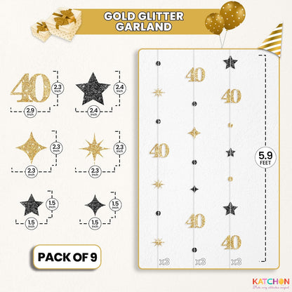 KatchOn, Gold 40th Birthday Decorations - 9 String 40th Bday Garland, 6 Feet | No DIY 40 Party Hanging Streamer | Over The Hill 40th Birthday Decorations for Men, Women | 40th Anniversary Decorations
