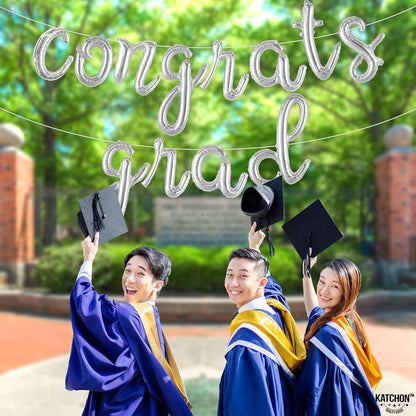 Graduation Decorations 2026 | Silver Congrats Grad Balloons Banner - Script, 16 Inch | Congrats Grad Balloon | Graduation Balloons for Congrats Grad Decorations, KatchOn