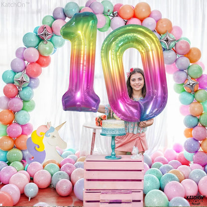 KatchOn, Giant Rainbow 10 Balloon Number - 40 Inch | 10th Birthday Decorations | Rainbow 10th Birthday Balloons for 10 Birthday Party Decorations | Number 10 Balloon for Happy Anniversary Decorations