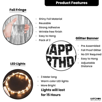 KatchOn, Black and Silver Birthday Decorations Set - Pack of 5 | Glitter Happy Birthday Banner, Silver Backdrop, Led Light, Cake Topper | Happy Birthday Decorations for Men | Halloween Decorations
