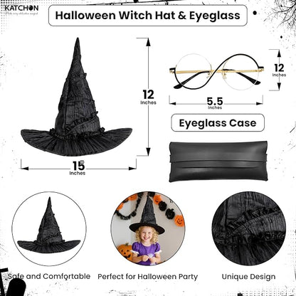 KatchOn, Halloween Witch Costume Set - Pack Of 4 | Black Witch Hat, Round Eyeglass with Case, Green Claw Gloves & Broomstick | green witch accessories for women | Halloween Hat & Accessories