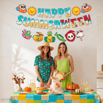 Katchon Summer Halloween Decorations for Pool Party 10 Feet | Happy Summerween Banner, 3 Strings Pre-Strung, Each, Summerween Party Decorations, Beach Party & Tropical Spooky Celebration