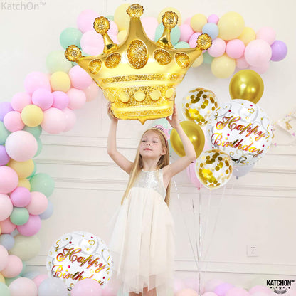KatchOn, Gold Happy Birthday Balloon Set - 30 Inch, Pack of 7 | Gold Queen Birthday Balloon, Crown Balloons for King and Queen Party Decorations | Golden Happy Birthday Balloons For Men and Women