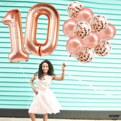 KatchOn, Giant Rose Gold 10 Balloon Number - 40 Inch, Pack of 12 | Rose Gold 10 Balloon with Confetti Balloons | Rose Gold 10th Birthday Decorations for Girls | Happy 10th Birthday Balloons for Girls
