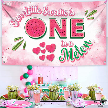 KatchOn One in a Melon Backdrop – 72x44 Inch | Watermelon Banner for One in a Melon Party Decorations, Watermelon Birthday Decorations