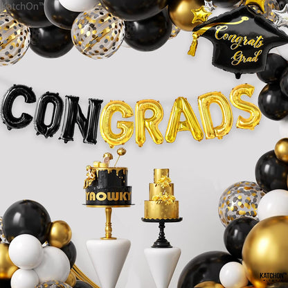 Black and Gold Congrats Balloons - 16 Inch, Graduation Balloons | Congrats Grad Foil Balloons for Graduation Decorations 2026 | Black and Gold Graduation Decorations | Congrats Grad Banner - KatchOn