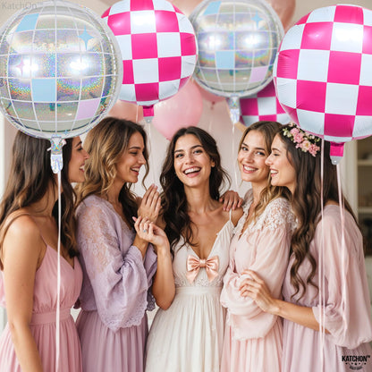 KatchOn, Pink White and Disco Ball Foil Balloons - 23 Inch, Pack of 8 | Galentines Balloons, Galentines Day Decorations | Pink and White Round Checkered Balloon, Cowgirl Birthday Party Decorations