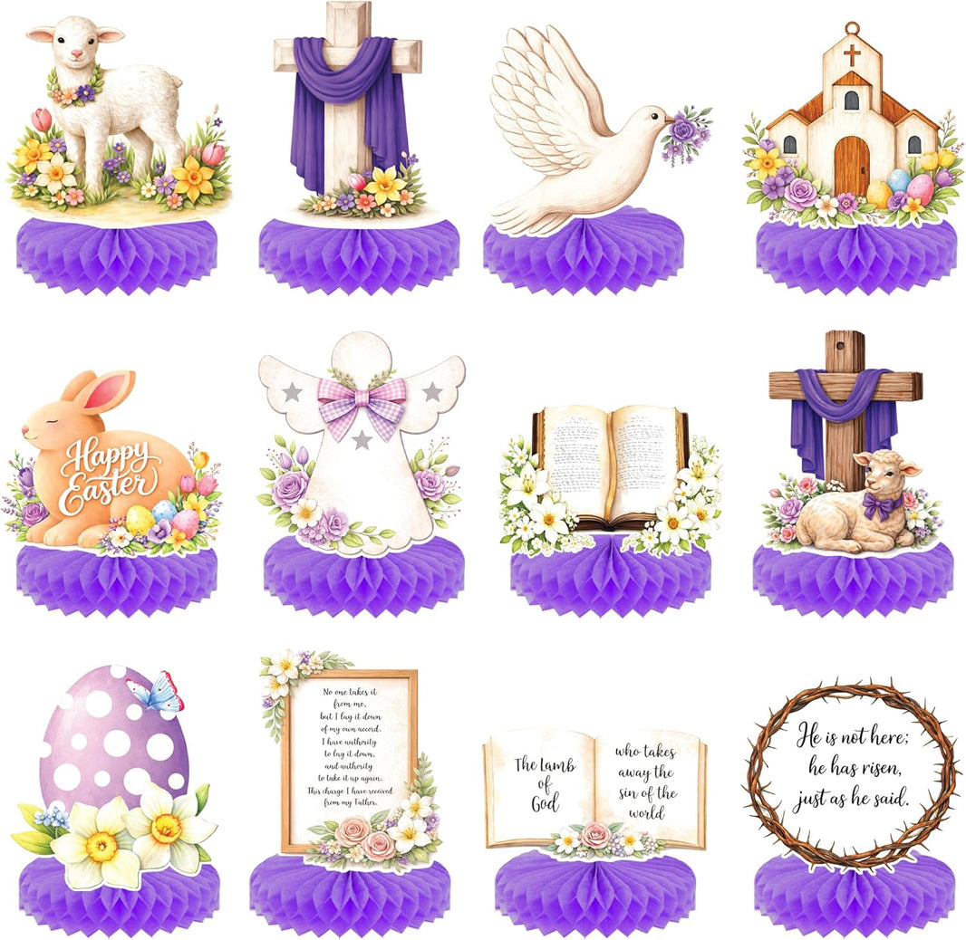 katchon huge easter centerpieces for tables pack of 12 he is risen decorations with bunny and jesus happy easter decorations for home honeycomb easter decor