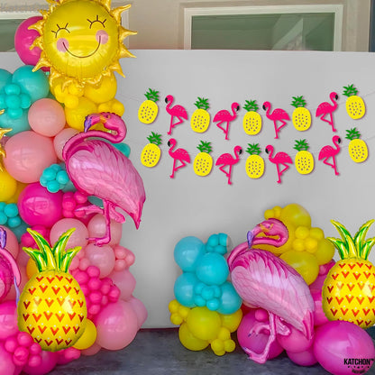 KatchOn, Felt Pineapple Flamingo Garland - 10 Feet, Pre-Strung | Banner for Flamingo Party Decorations | Pineapple Decor for Luau Decorations | Summer Party Decorations