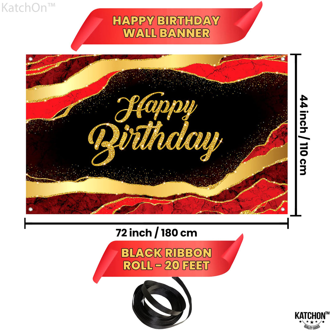 KatchOn, Large Black and Red Happy Birthday Banner - 72x44 Inch | Backdrop Banner for Red and Black Happy Birthday Decorations | Casino Theme Party Decorations