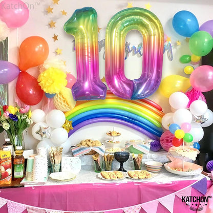 KatchOn, Giant Rainbow 10 Balloon Number - 40 Inch | 10th Birthday Decorations | Rainbow 10th Birthday Balloons for 10 Birthday Party Decorations | Number 10 Balloon for Happy Anniversary Decorations
