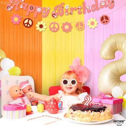 Katchon Orange Pink and Yellow Fringe Backdrop - 9.75x8 Feet, Pack of 3 Easter Streamers | Groovy Backdrop, Groovy Party Decorations | Easter Backdrops for Photography | Two Groovy Decorations Girl