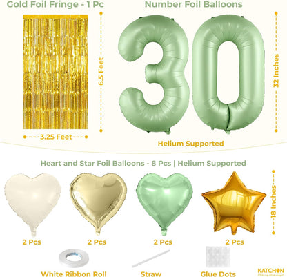 KatchOn | Sage Green 30th Birthday Decorations Set – Pack of 49 | Sage Green 30 Balloon Numbers, Star, Heart & Confetti Balloons, Gold Backdrop | 30th Sage Green Birthday Decorations for Women, Men