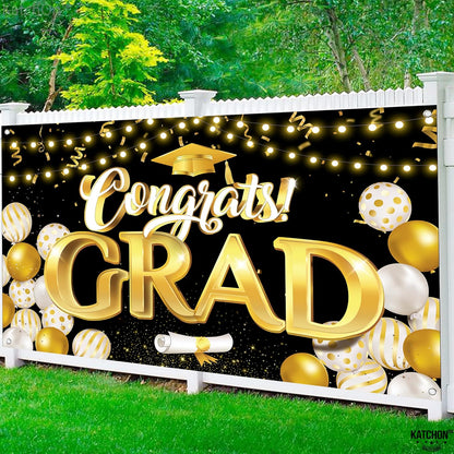 KatchOn, XtraLarge Congrats Grad Banner - 72x44 Inch, Graduation Banner | Congratulations Backdrop | Black and Gold Backdrop | Graduation Decorations 2026