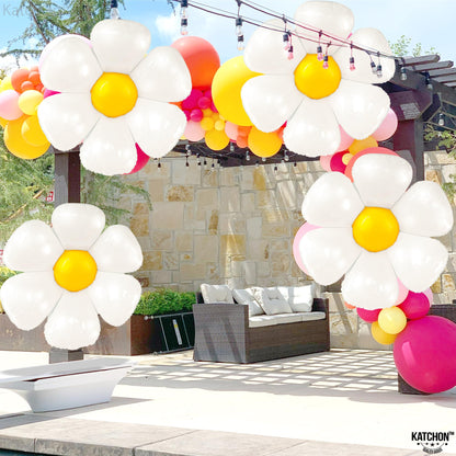 Katchon, Large White Daisy Balloons - 4pcs, 45 Inch | Pack of 4 | Groovy Party Decorations | Flower Balloon for Bachelorette Party Decorations | Groovy Mylar Balloons | Daisy Party Decorations