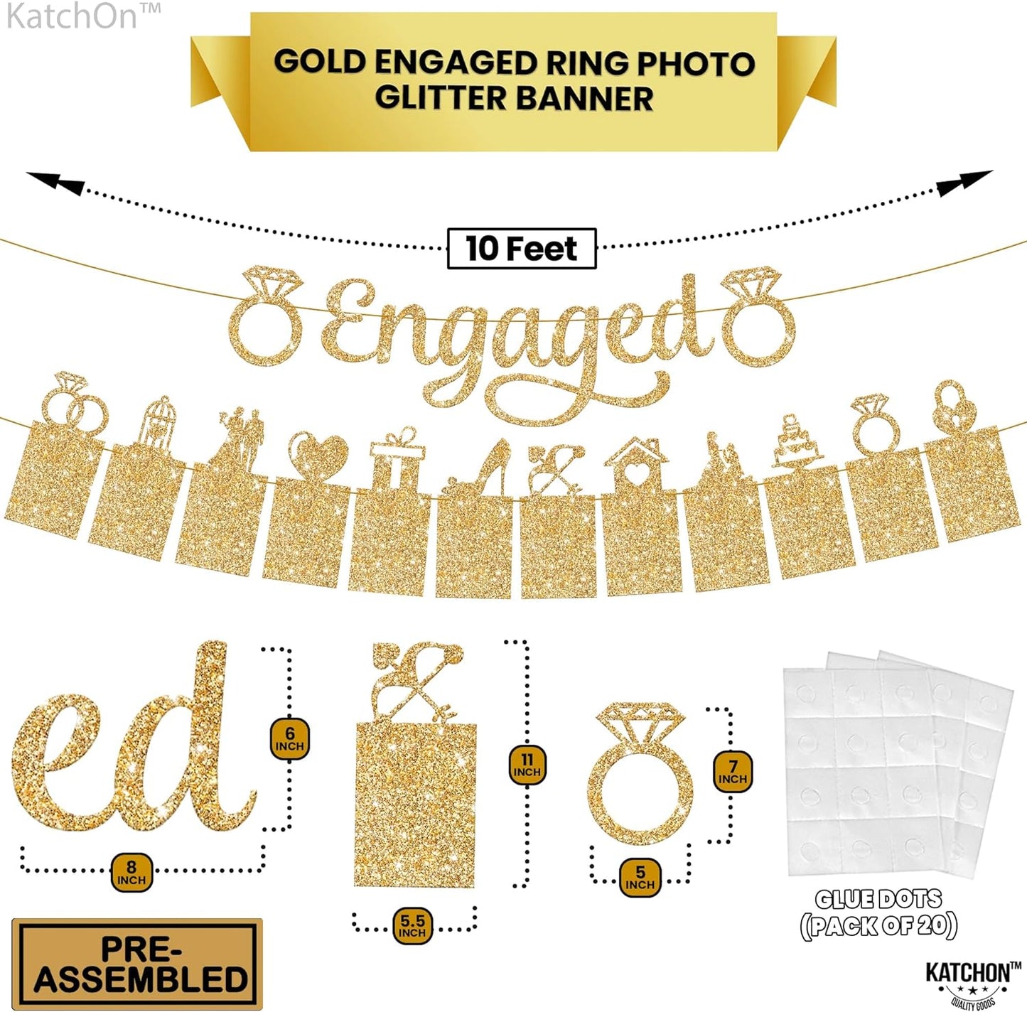 KatchOn, Pre-Strung, Gold Glitter Engaged Photo Banner - 2 String, 10 Feet, No DIY | Gold Engagement Party Decorations | Congrats On Engagement Banner for Bachelorette Party Decorations, Wedding Décor