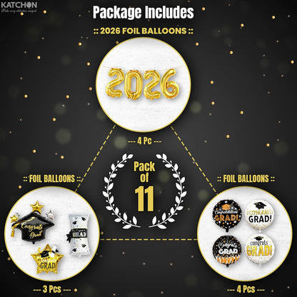 Graduation Decorations 2026 Graduation Balloons Set - Pack of 11 | Big, 28 Inch, Grad Cap Balloon | Gold 2026 Balloons, Class of 2026 Decorations | Congrats Grad Balloon | KatchOn