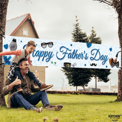 KatchOn, Happy Fathers Day Banner - XLarge, 120x20 Inch | Blue Happy fathers Day Yard Banner | Happy Fathers Day Decorations for Party | Happy Father's Day Backdrop for Father's Day Party Decorations