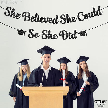 KatchOn, She Believed She Could So She Did Banner - Glitter, 10 Feet, No DIY | Black Grad Banner for Graduation Decorations 2026 | Medical College Graduation Party Decorations 2026