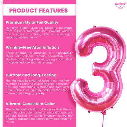 KatchOn, Giant Hot Pink Number 3 Balloon - 40 Inch | Number 3 Foil Balloon | 3rd Pink Birthday Decorations for Girls | 3rd Anniversary Decorations | Pink Party Decorations