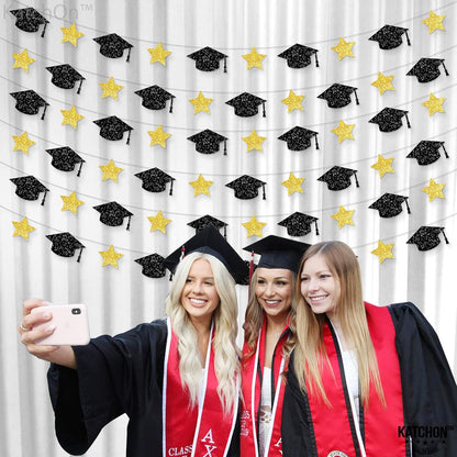 Graduation Decorations 2026, Graduation Cap Garland - 10 Feet, No DIY | Grad Garland Class of 2026, Black and Gold Grad Decorations 2026 | Grad Cap Decor for 2026 Graduation Decorations - KatchOn