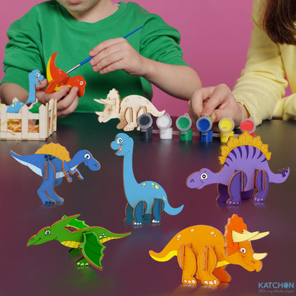 KatchOn, Dinosaur Party Favors - Set of 12 | Large 3D Dino Painting Kits with Wooden Crafts and Cards | Fun Toys for Kids | Dino 3D Party Favors for Kids 3-5 | Christmas Gifts For kids
