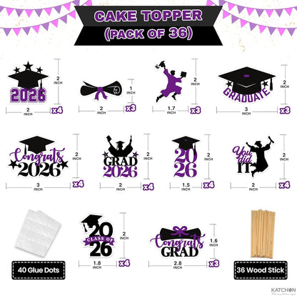 Graduation Decorations 2026 | Purple and Black Graduation Cake Topper 2026 - Pack of 36 | Graduation Cupcake Toppers 2026 for Graduation Decorations 2026, Dessert Toppers Grad, KatchOn