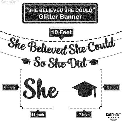 KatchOn, She Believed She Could So She Did Banner - Glitter, 10 Feet, No DIY | Black Grad Banner for Graduation Decorations 2026 | Medical College Graduation Party Decorations 2026