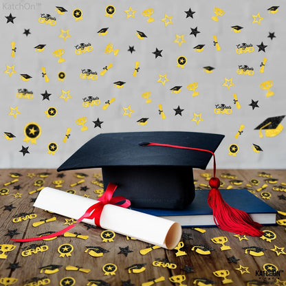Graduation Decorations 2026 | Glitter, Black and Gold Graduation Confetti - Pack of 300 | Congrats Grad Confetti, Class of 2026 | Grad Hat, Star Confetti for Police Grad Decorations, KatchOn