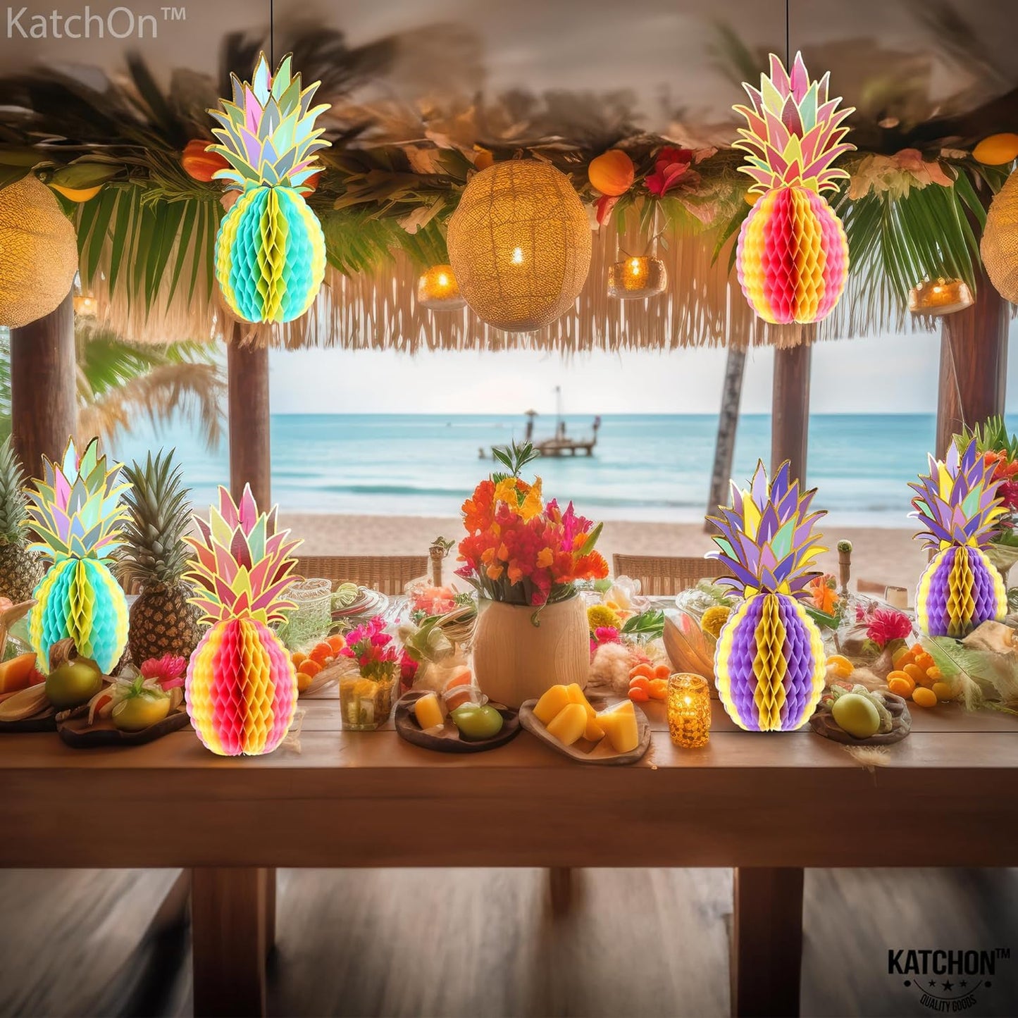 KatchOn, Big Pineapple Centerpieces for Tables - 12 Inch, Pack of 6 | Luau Party Decorations | Tropical Party Decorations, Beach Party Decorations, Hawaiian Decorations, Pineapple Party Decorations