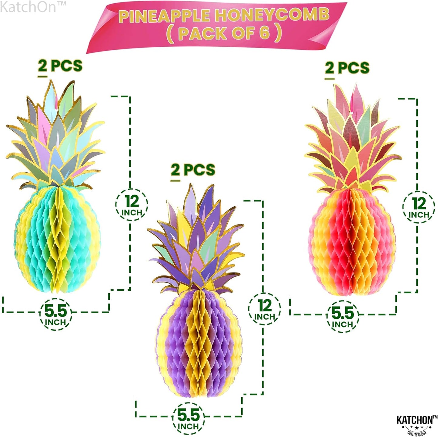 KatchOn, Big Pineapple Centerpieces for Tables - 12 Inch, Pack of 6 | Luau Party Decorations | Tropical Party Decorations, Beach Party Decorations, Hawaiian Decorations, Pineapple Party Decorations