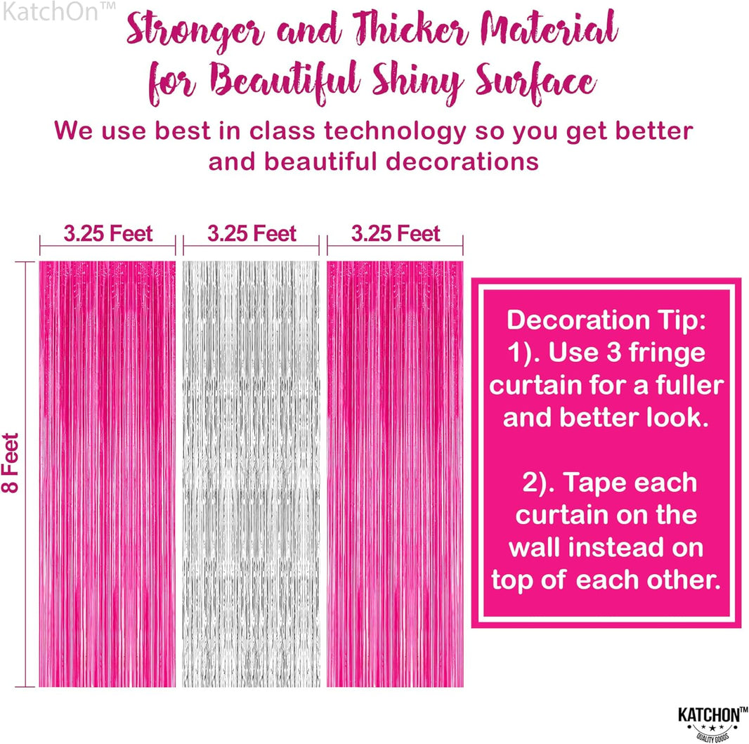 KatchOn, Hot Pink and Silver Fringe Backdrop - XtraLarge, 3.2x8 Feet, Pack of 3 | Silver & Pink Backdrop for Birthday Party Decorations, Bachelorette Party Decorations | Graduation Decoration 2025