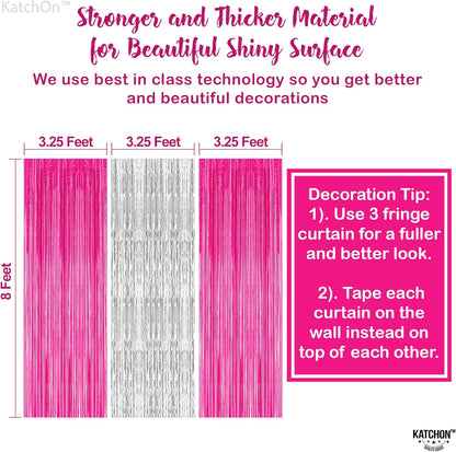 KatchOn, Hot Pink and Silver Fringe Backdrop - XtraLarge, 3.2x8 Feet, Pack of 3 | Silver & Pink Backdrop for Birthday Party Decorations, Bachelorette Party Decorations | Graduation Decoration 2025