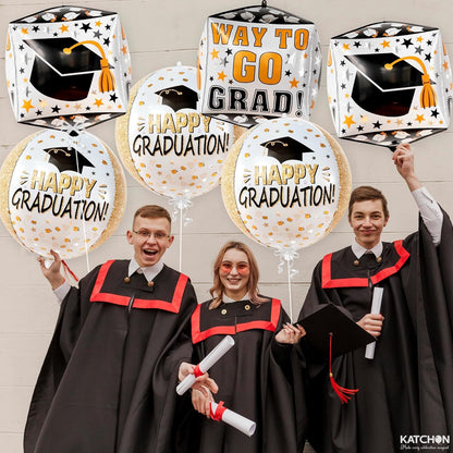 Graduation Decorations 2026 | Graduation Balloons - Pack of 6 | Black and Gold Mylar Foil Balloons for Grad Decorations Class of 2026 | Graduation Party Supplies with Graduation Cap Balloon, KatchOn
