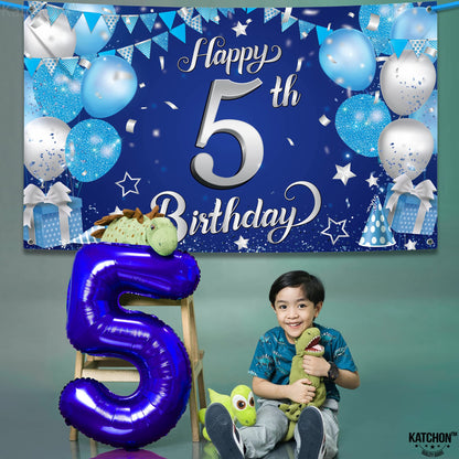 KatchOn, Happy 5th Birthday Banner - XtraLarge, 72x44 Inch | Blue 5th birthday Decorations | Blue and Silver Toddler Decorations for 5 birthday Decoration