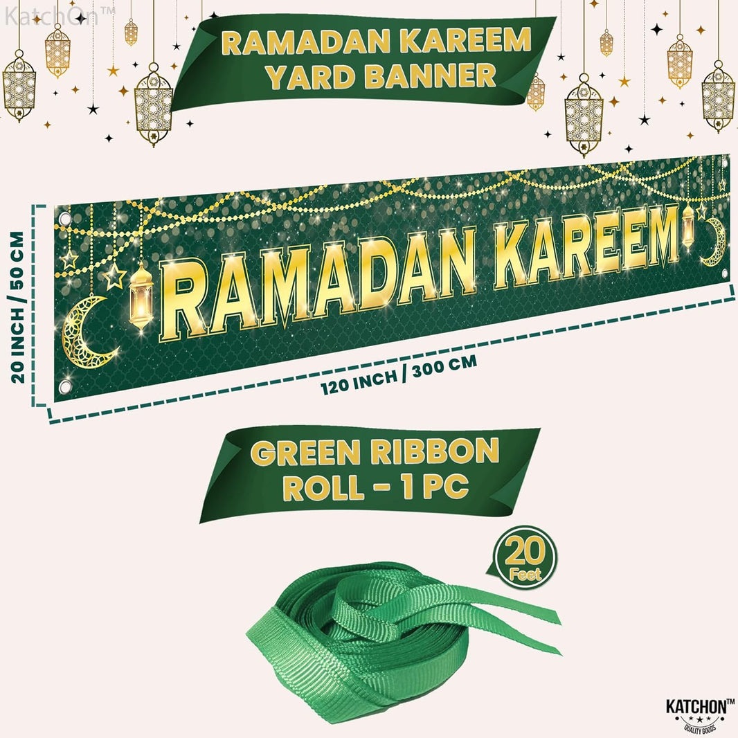 KatchOn, Ramadan Kareem Banner for Ramadan Decorations - Xtra Large 120x20 Inch | Ramadan Mubarak Banner for Ramadan Decorations Outdoor | Green and Gold Ramadan Yard Sign, Eid Decorations for Home