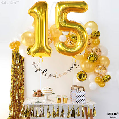 KatchOn, Giant Gold Number 15 Balloons - 40 Inch | Foil 15 Balloons Number For Birthday Party  Decorations | Anniversary Decorations | Gold Party Decoration