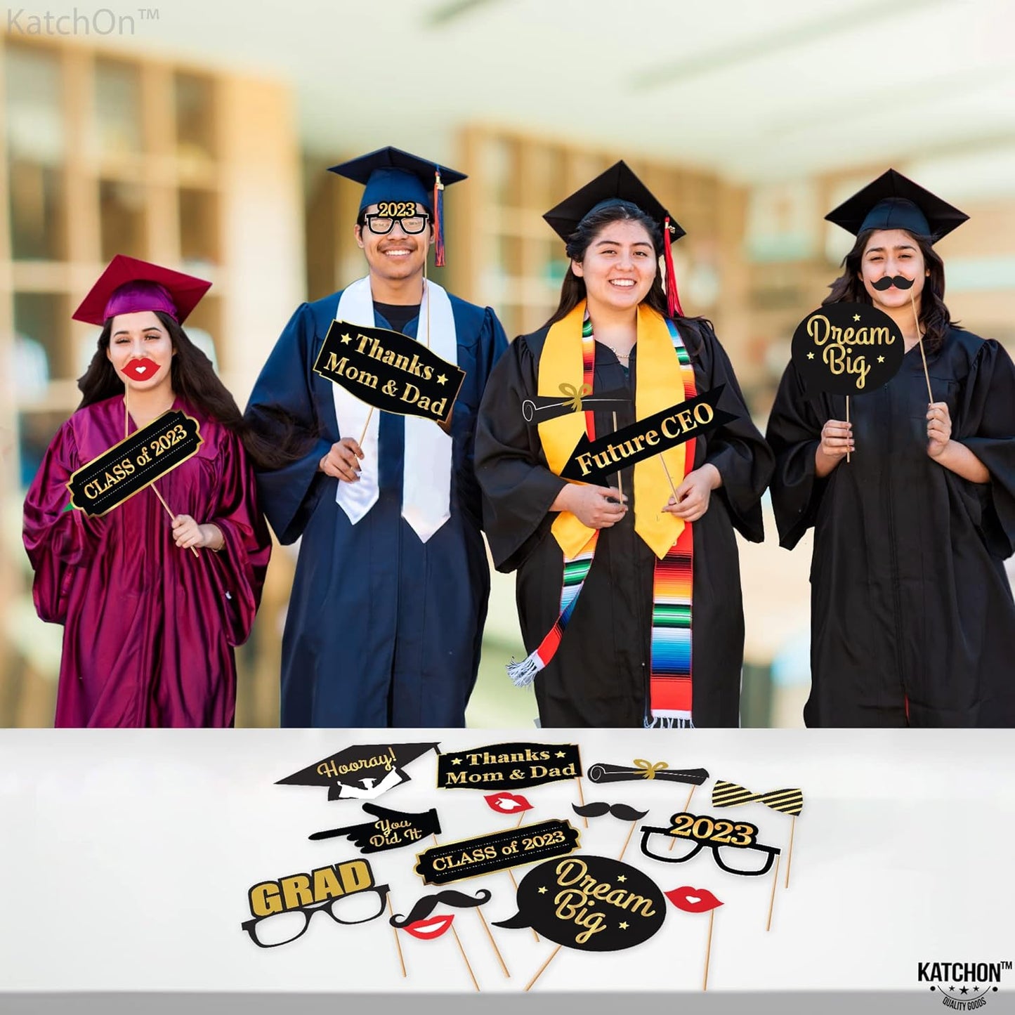 KatchOn, Black and Gold Graduation Photo Booth Props - Pack of 40 | Graduation Props 2024 for Photoshoot | Graduation Photo Props, Graduation Decorations Class of 2024 | Grad Photo Booth Props 2024