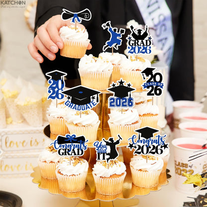 KatchOn, Blue and Black Graduation Cake Topper 2026 - Pack of 36 | Graduation Cupcake Toppers 2026 for Graduation Decorations 2026 | Graduation Decorations 2026, 2026 Graduation Cupcake Toppers
