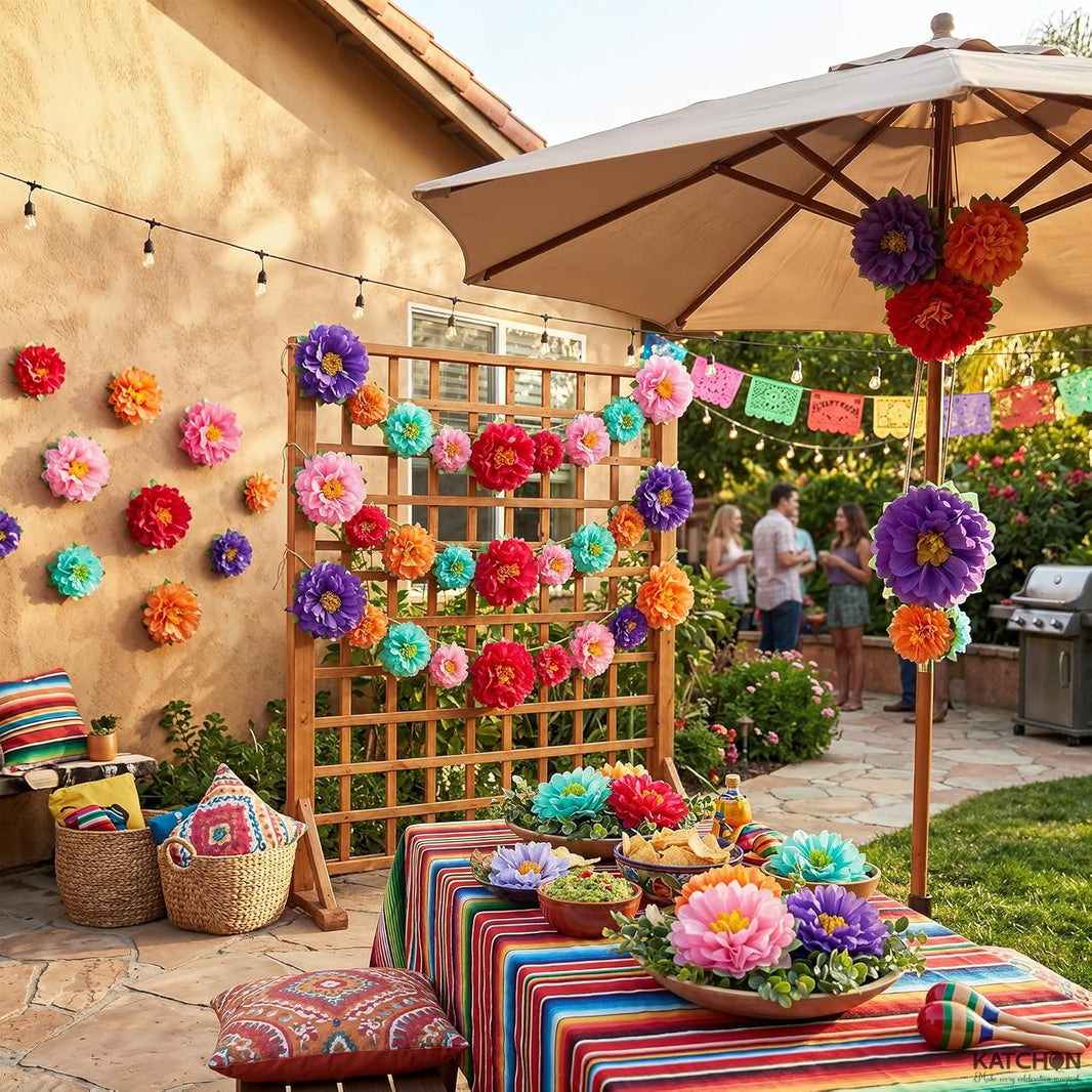 Colorful Fiesta Paper Flowers Pack of 10-6 inch 5pc and 8 inch 5pc | Mexican Party Decorations, Luau Party Decorations, Flower Wall Decor, Birthday Decor, Fiesta Party Decoration - KatchOn